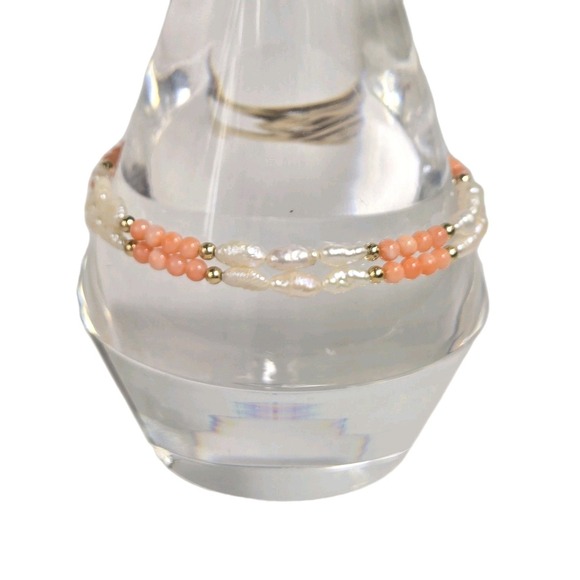 Jewelry - 14k Solid Gold Baroque Fresh Water Pearl‎ & Angel Skin Coral Beads Bracelet 8"